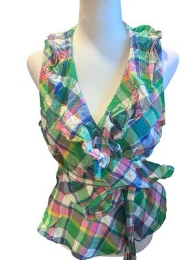 Lauren Ralph Lauren Plaid Ruffle Wrap Top Cotton Sleeveless Size Large